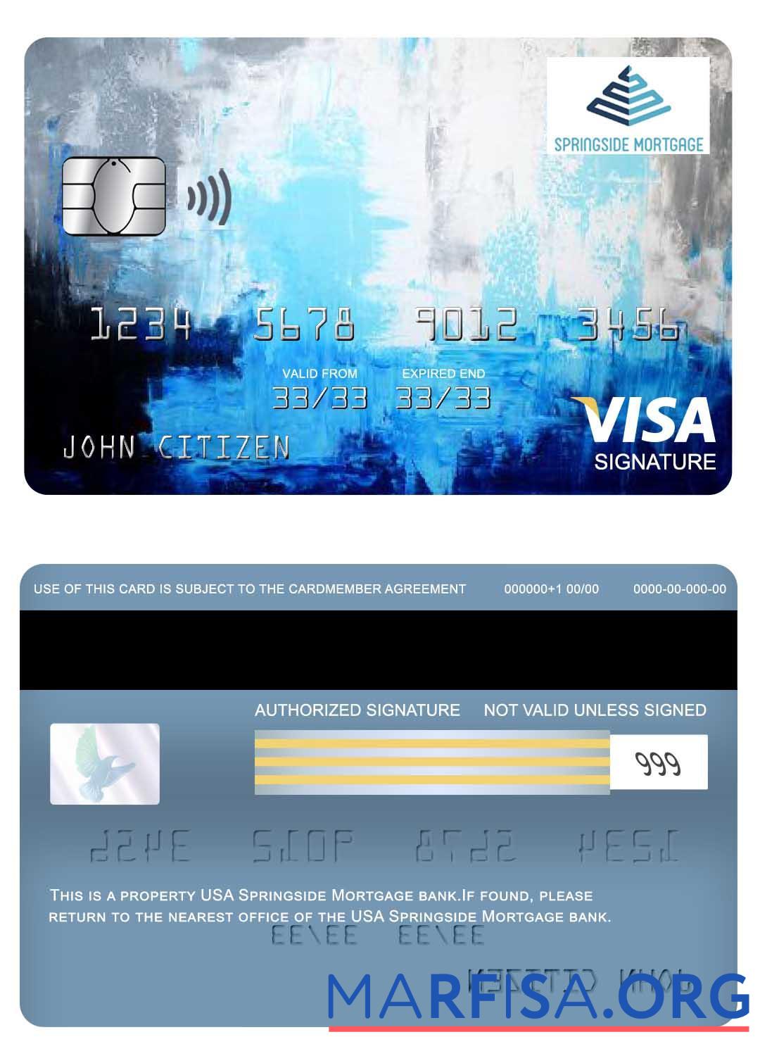 Downloadable USA Springside Mortgage bank visa signature card sample
